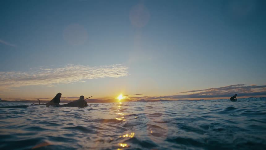 Landscape of surfers in a calm sea with the golden sun on the horizon