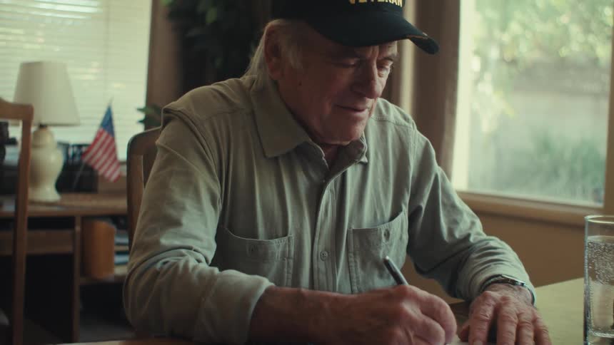 An elderly man sits at a table near a window writing with a pen on a notebook