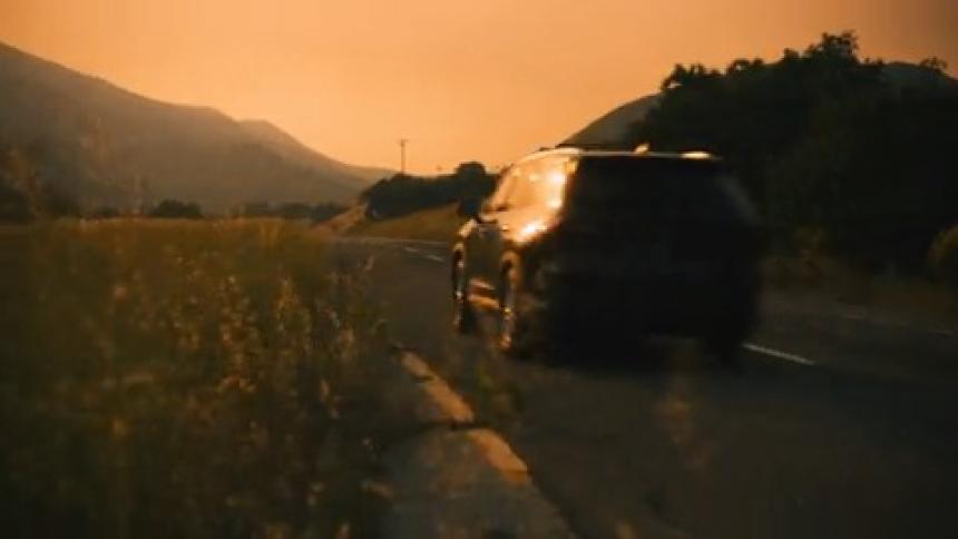 Black SUV drives past wild flowers