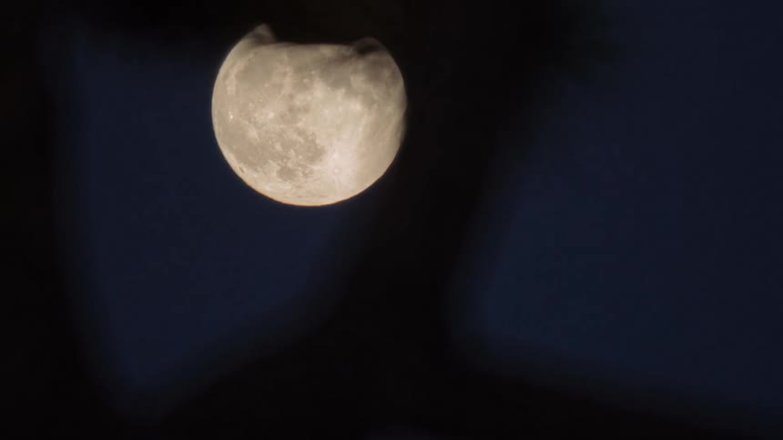 Upward view of the moon passing by at night