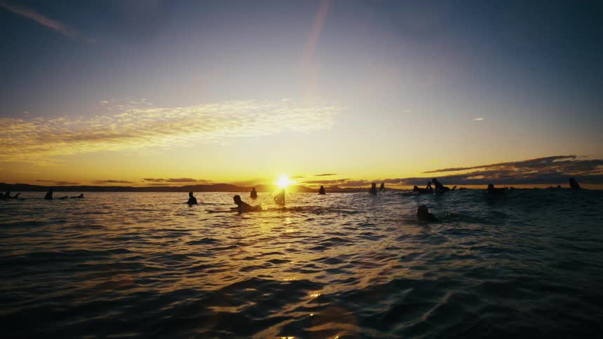 Silhouette of surfers in the ocean one morning with the sun on the horizon