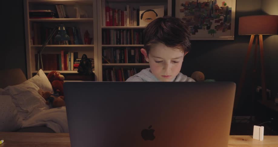 A boy sits at a desk with a laptop with books on the shelf behind him