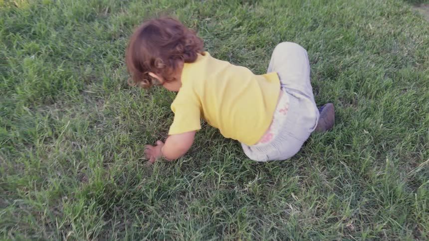 A toddler rolls around on a green lawn