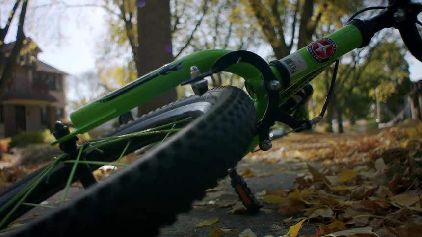 A green bicycle is parked on a sidewalk surrounded by fallen leaves