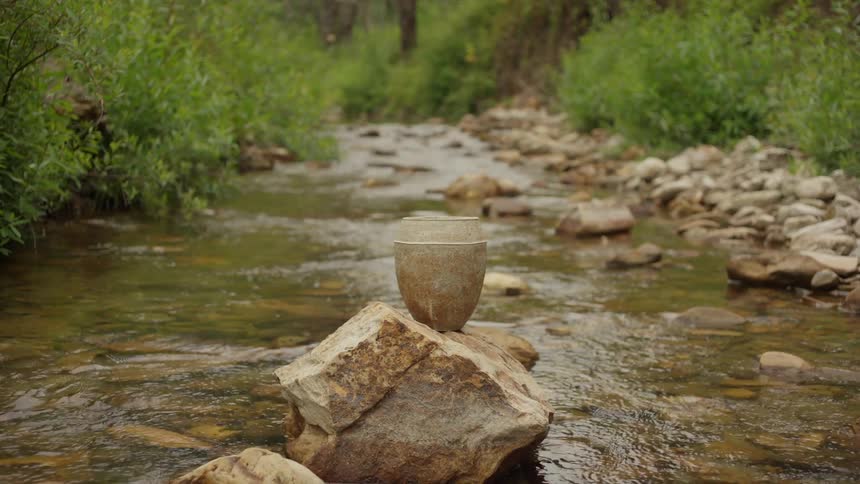 A vase is sitting on a rock in the stream