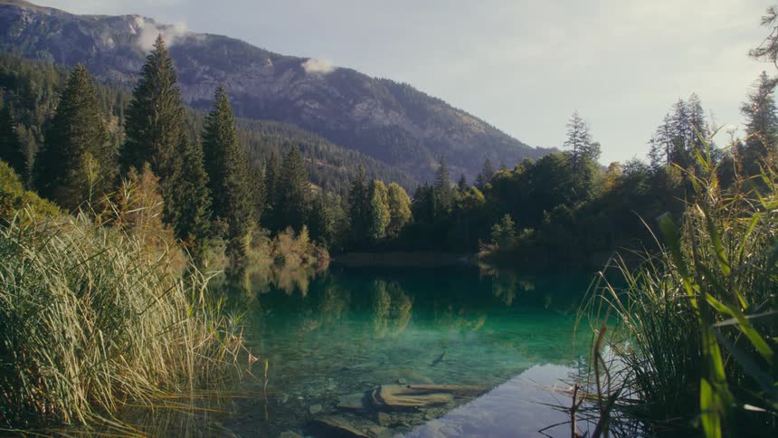 A still lake with clear turquoise water surrounded by mountains and dense forest