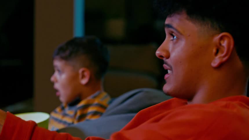 Two brothers play videogames in a living room