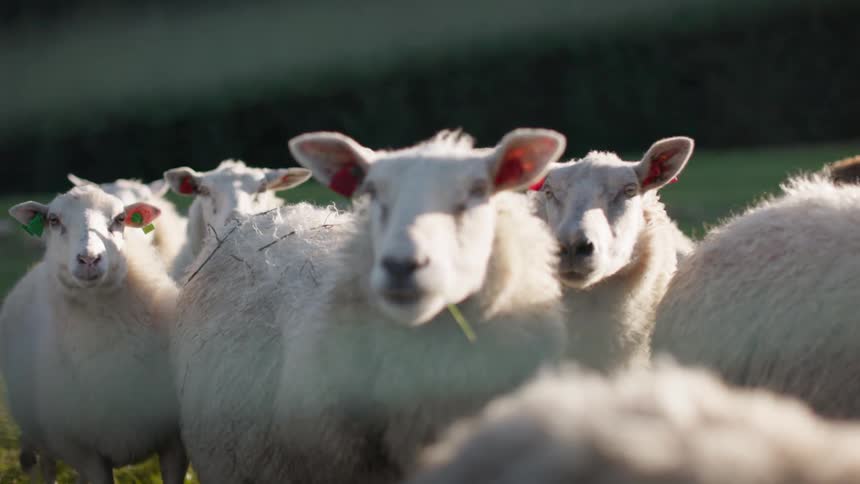 A flock of sheep stands in a field