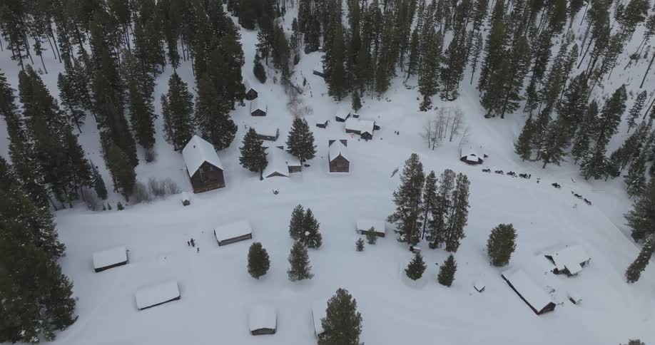 Aerial view of cabins in a snowcovered environment surrounded by conifers