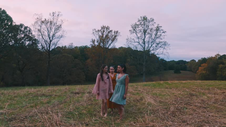 Group of women in a joint dance performance in a field