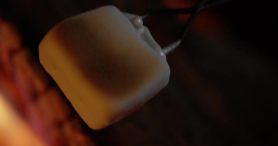 A marshmallow is roasted over a fire