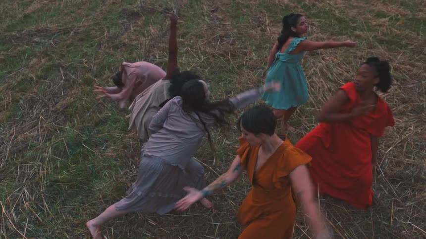 Women are in a field with tall grass dancing