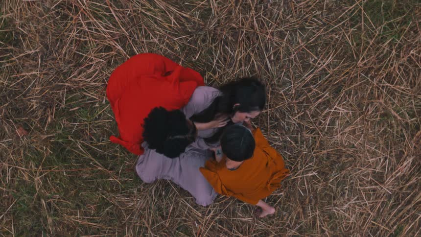 Women in different colored dresses are dancing melancholy in a field