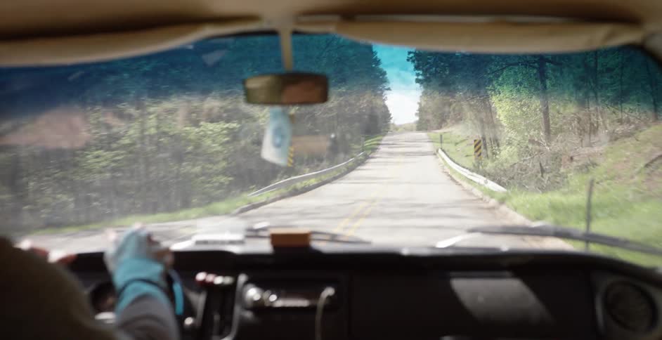 A person drives down a tree lined road
