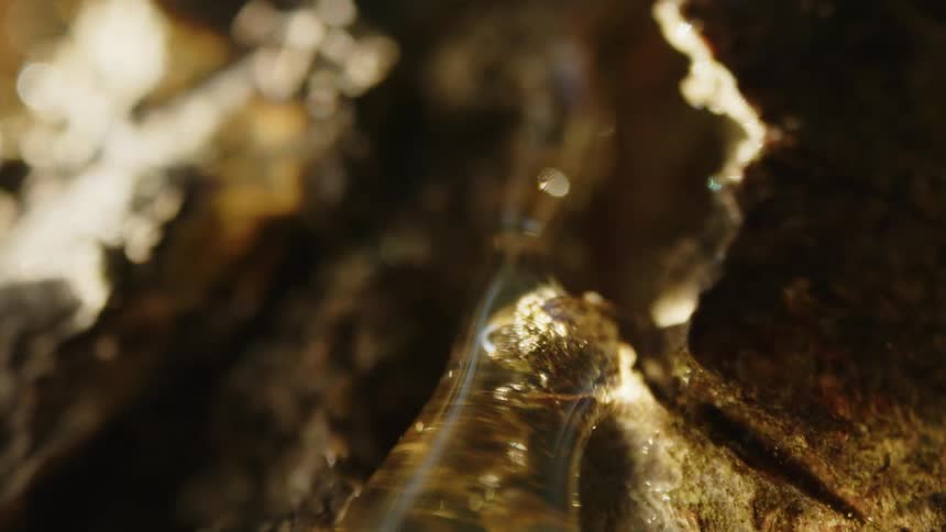 A drop of water flows down the front of a small dirt mound highly magnified