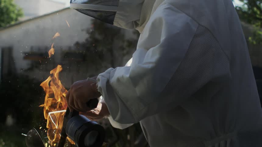 Beekeeper using flames on an object in an outdoor area on a table