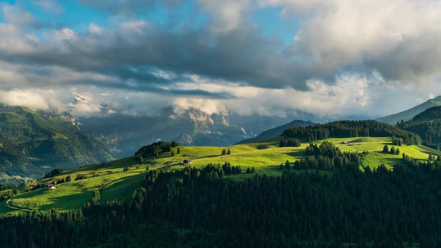 Forested mountain range on a cloudy day