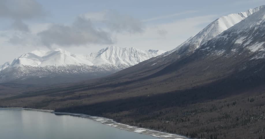 Snow-capped mountains surround a lake