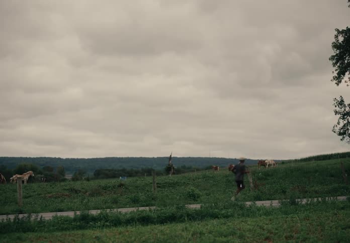 A man runs past a field full of horses