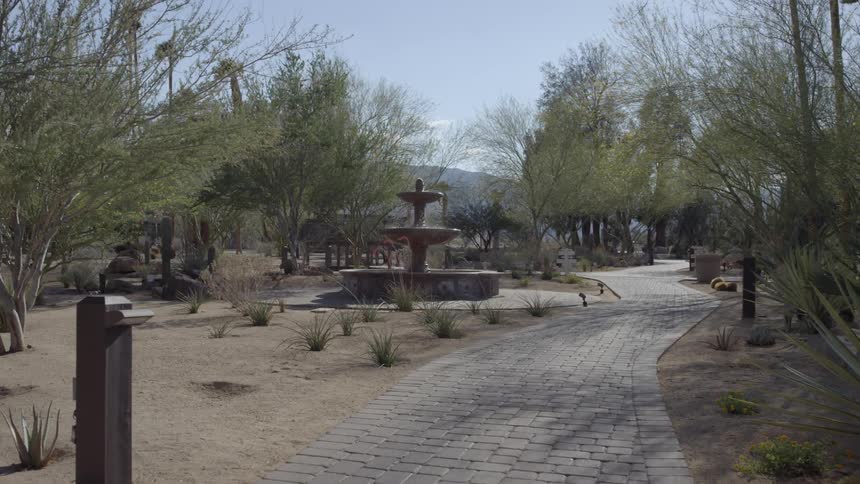 A water fountain flows in a desert garden on a sunny day