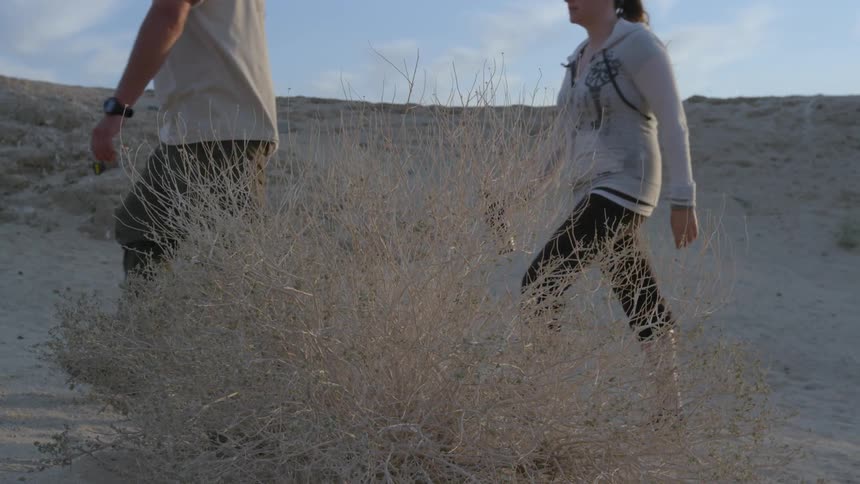 A man and woman are walking across a desert landscape during the day