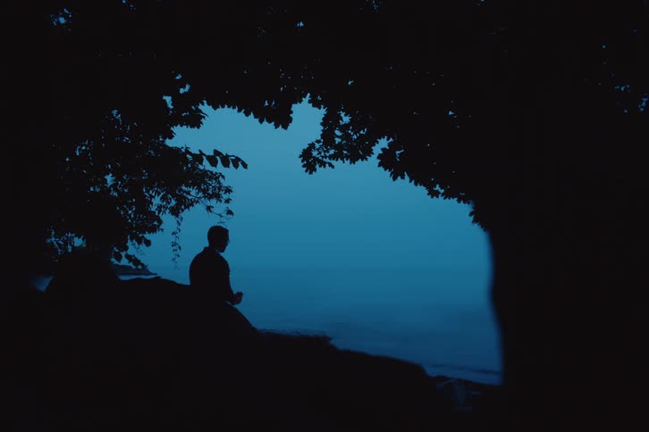 A person sits in silhouette eating something overlooking a body of water at twilight under a canopy of trees