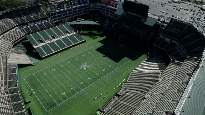 Aerial view of a large football stadium ready for a game