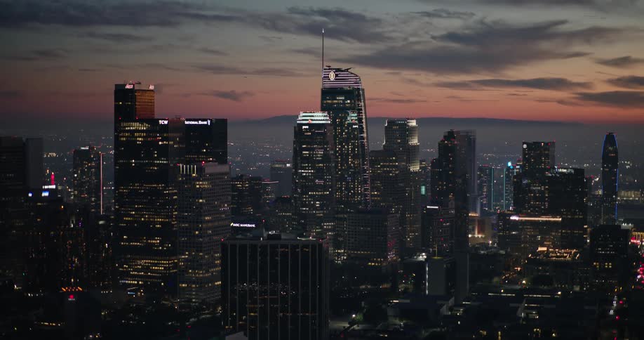 A city skyline at dusk