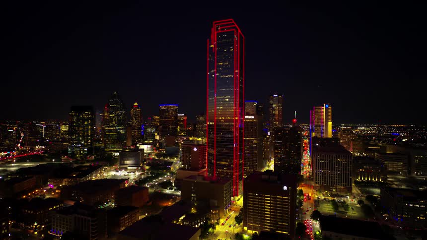 A city skyline at night