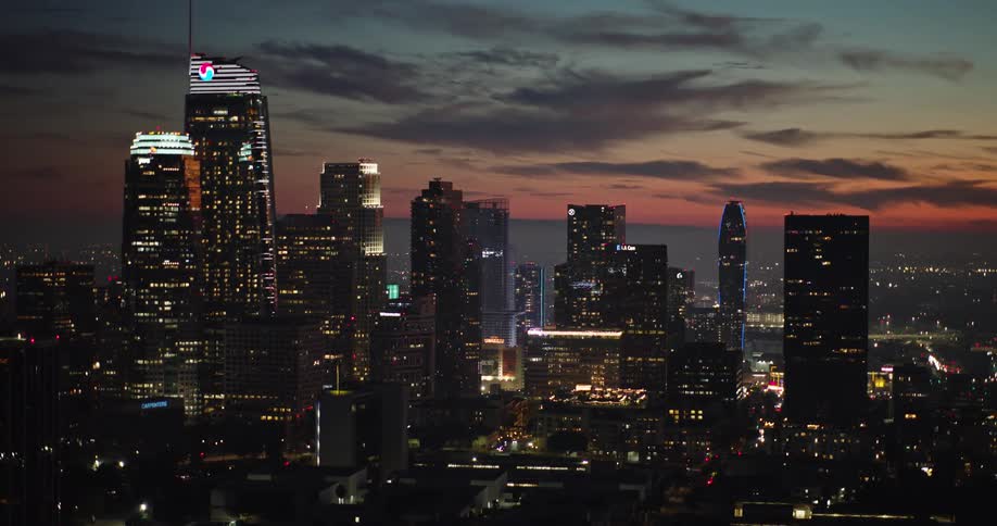 A city skyline at sunset