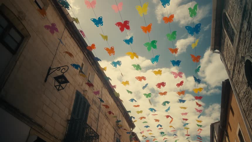 Rows of butterfly cutouts stretch between two buildings