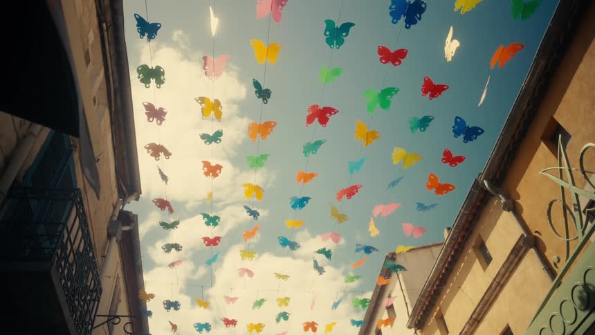 Upward view of colorful butterflyshaped flags against a blue sky