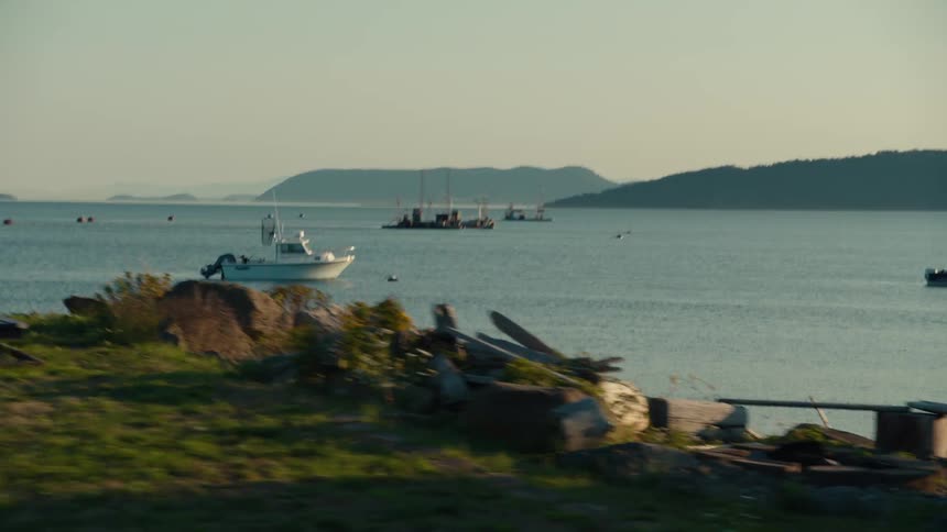 A white boat floats on a body of water with other boats and land visible in the background