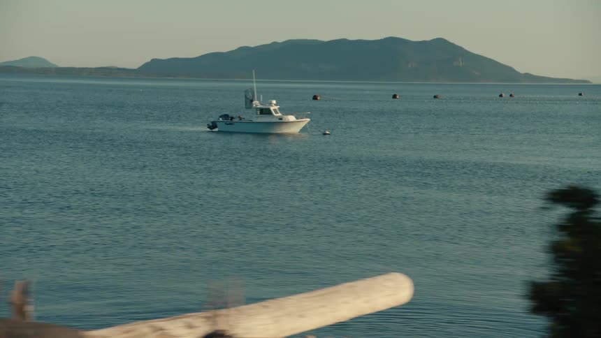A small white boat glides across a calm blue sea with distant mountains and blurred foreground suggesting a tranquil scene captured from a moving vehicle