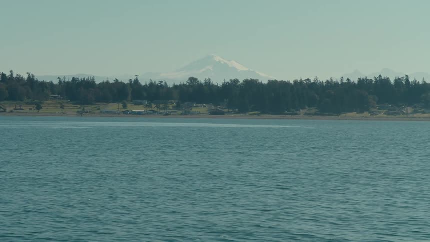 A snow capped mountain peaks over a line of trees and a calm body of water