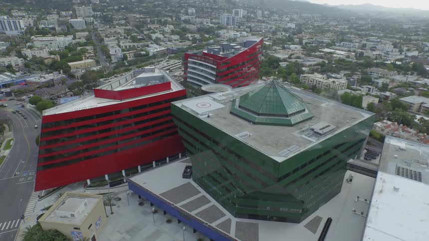 The rooftops of the red and green pacific design center
