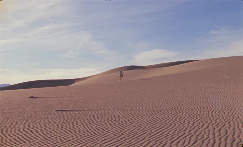 A person standing staring straight ahead in a desert with some sand hills