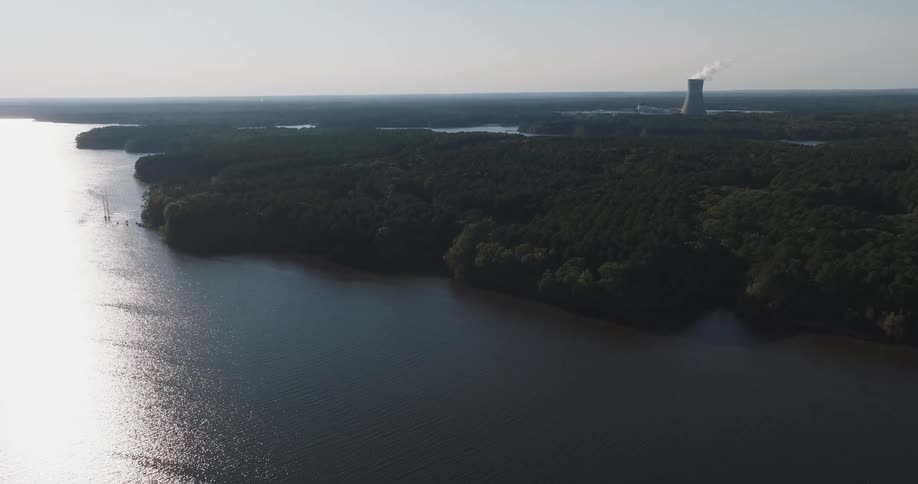 A smokestack stands tall above the forest at the edge of the ocean