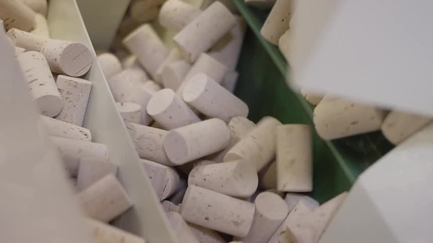 Corks being sorted on a moving machine