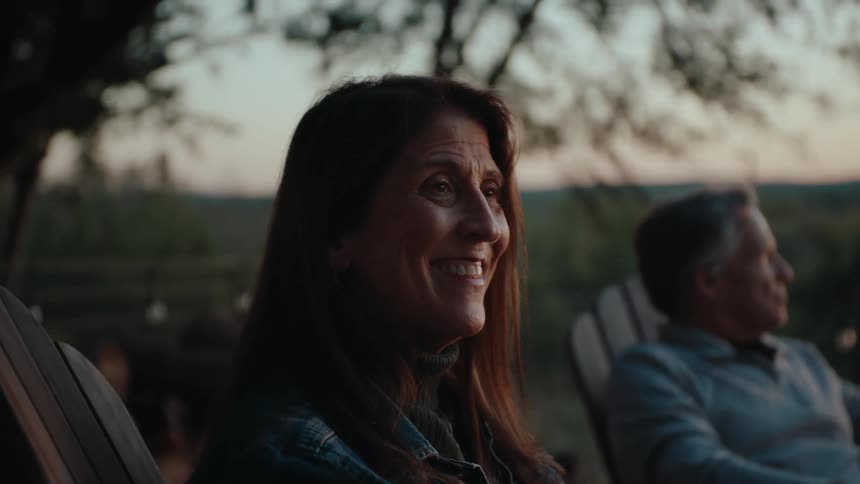 A woman smiles warmly as she is talking to someone under the setting sun during a casual gathering