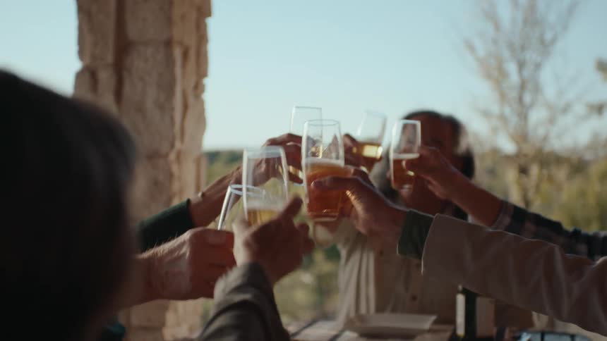 Group of happy people sitting at a table toasting