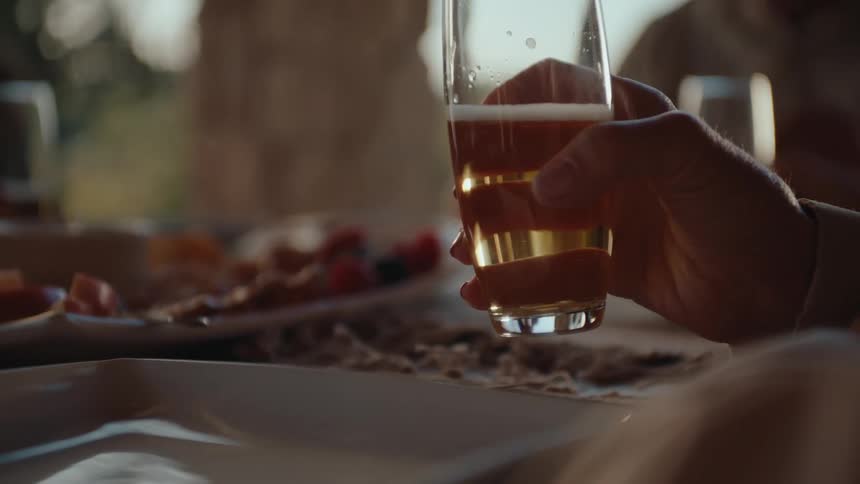 A hand holds a glass of champagne at a table laden with food with blurred background