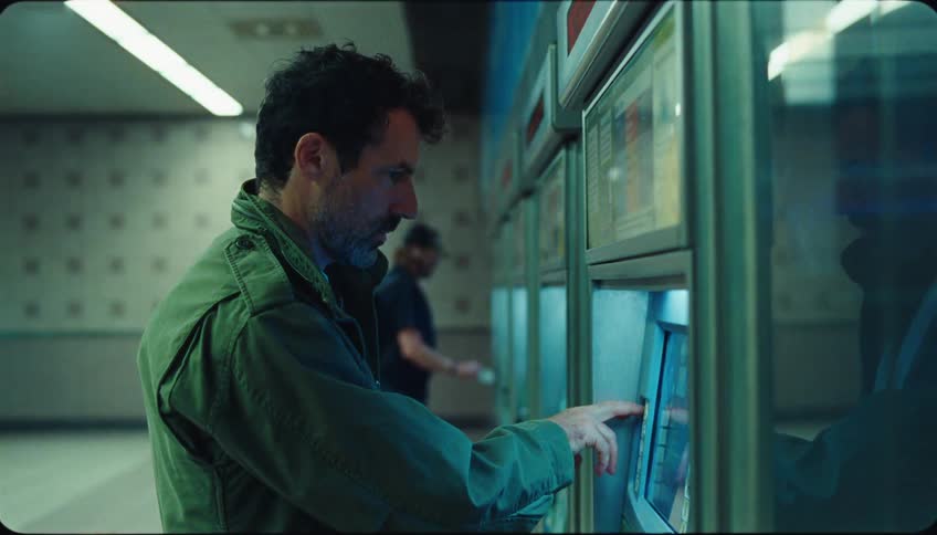 A man interacts with a ticket machine in a dimly lit station