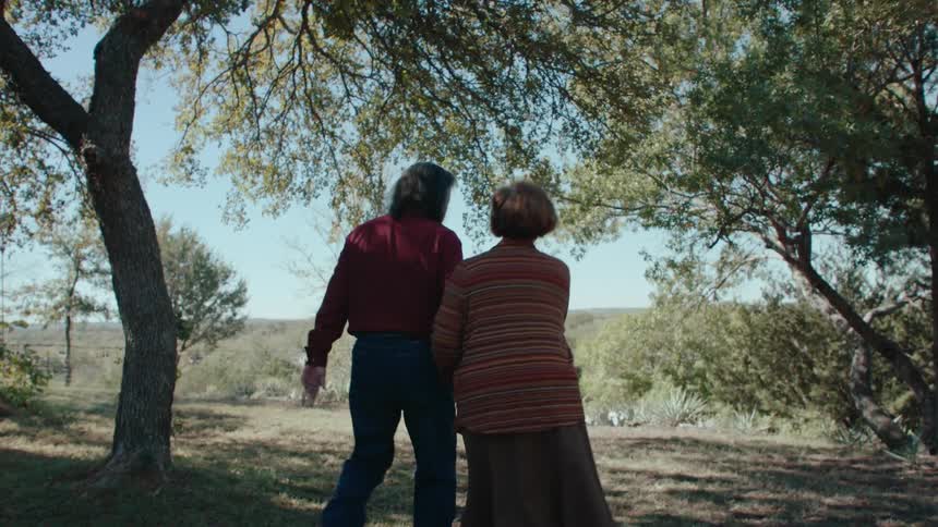 Elderly couple holding hands walking through a natural environment surrounded by trees