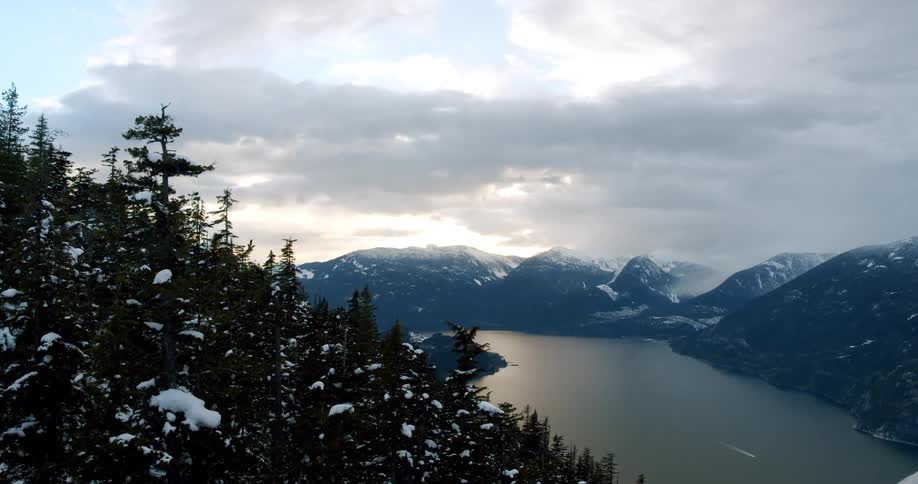 Mountain landscape with snowy conifers and a lake in the background