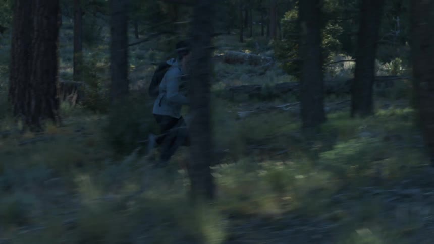Man in cap and backpack running in forest