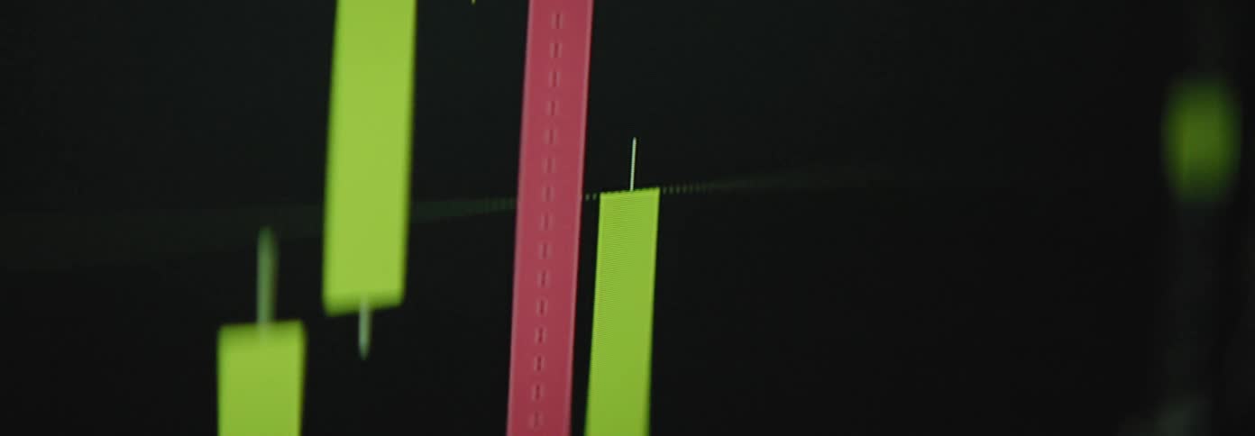 Some lines of a trading chart with green and red lines and the green line is going up