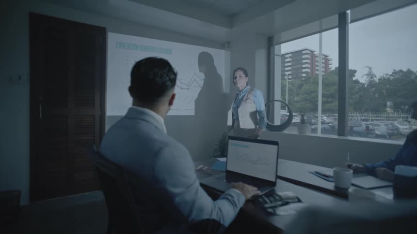 An office with some people sitting at a table and there is a woman giving a presentation with a projection made on a wall