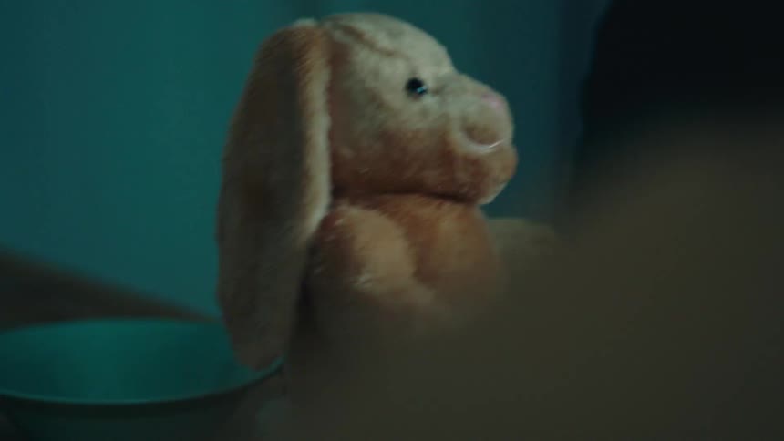 A person places a toy rabbit with long ears and pink nose on a table in a dimly lit room
