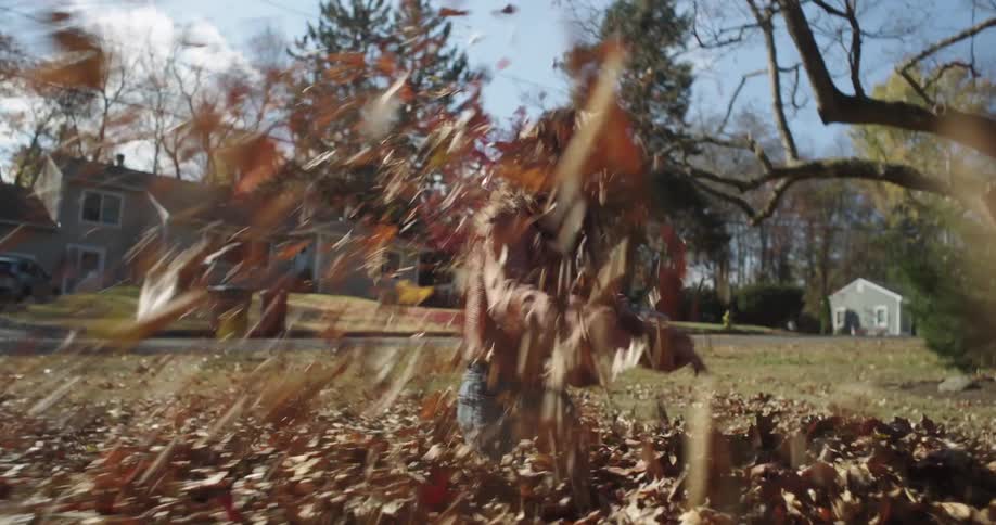 Children are playing with a pile of fallen leaves in a yard on a sunny day